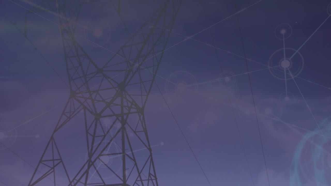 Animation of network of connections over mobile towers against clouds in the blue sky