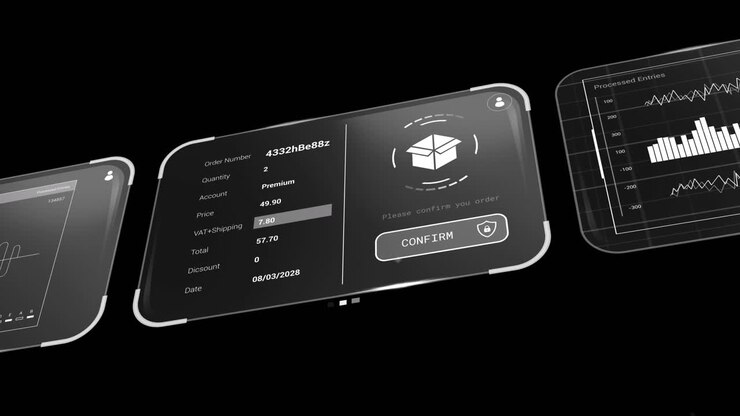 Animation of data processing on screens over black background