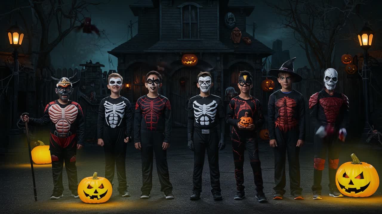 A Spooky Gathering of Friends: Kids Dressed in Halloween Costumes Celebrate the Festivities in Front of a Haunted House, Full of Pumpkins and Eerie Decorations