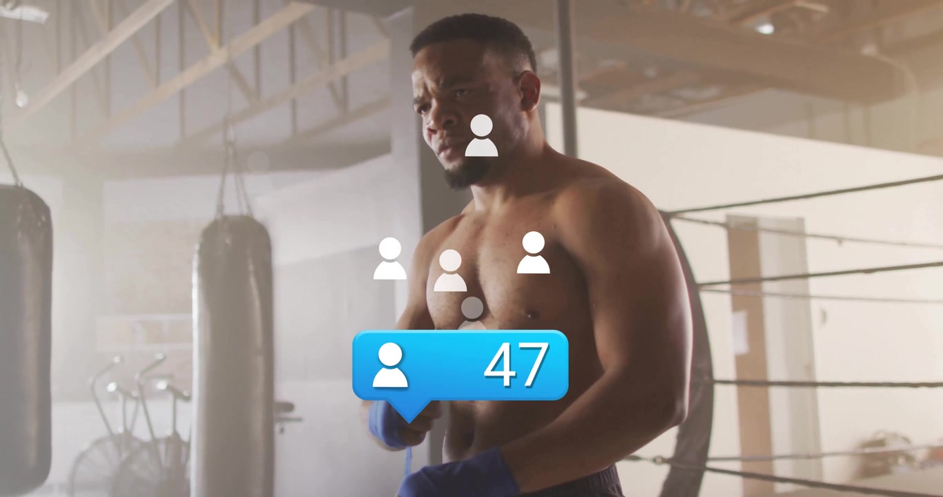 Male boxer pulling blue hand wrap inside fitness boxing ring while animated follower count rising