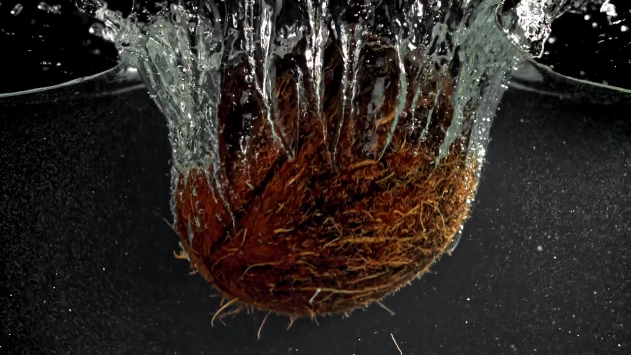 Slow Motion Coconut Dropping into Water with Splashes and Bubbles