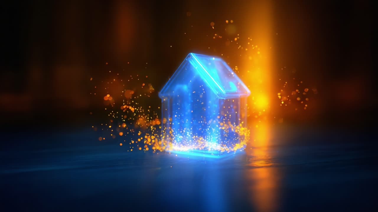 A Captivating Glimpse of a Shimmering Crystal House Surrounded by Dazzling Luminescence and Magical Sparks, Representing Innovation and Modern Design Aesthetics