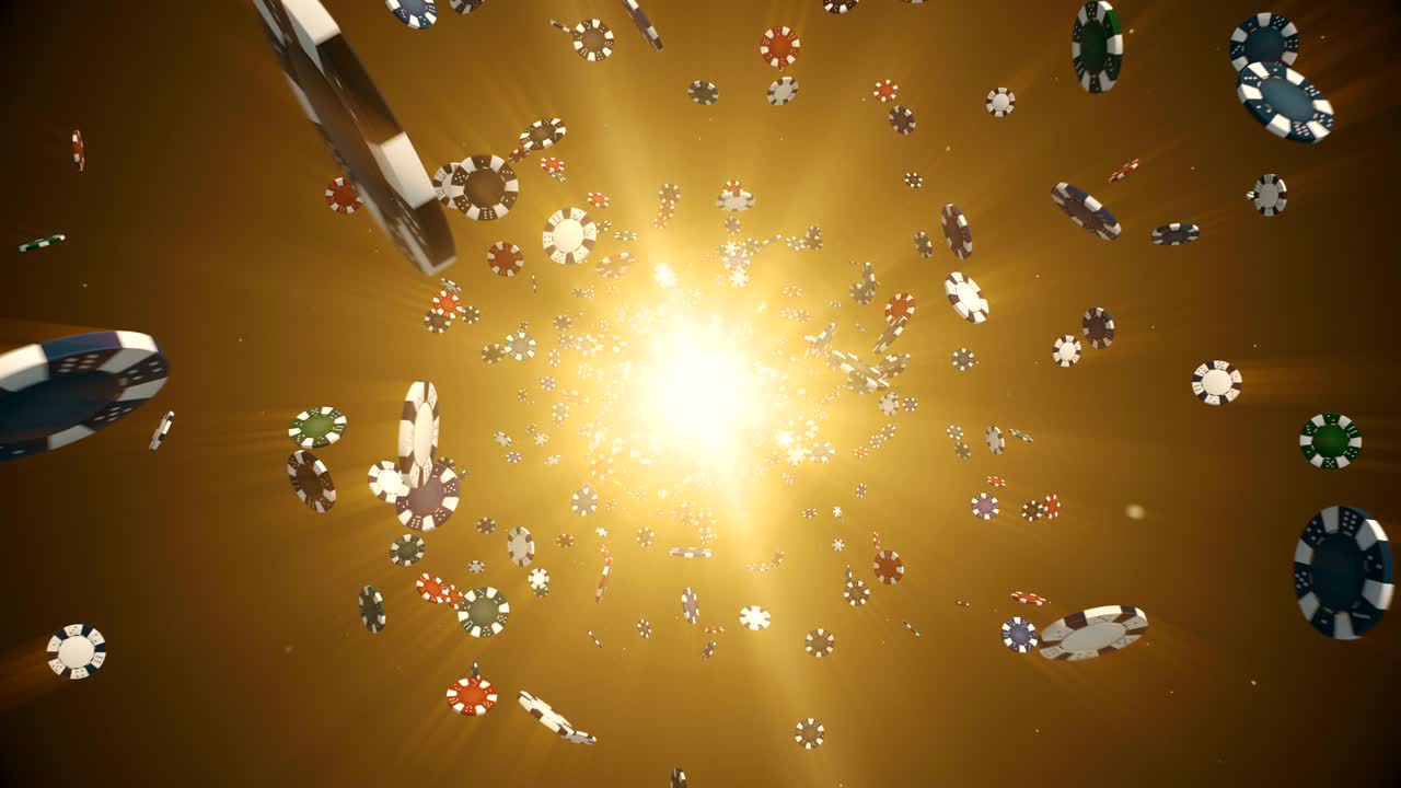 다채로운 배경에 빛의 광선과 함께 느린 동작으로 카메라에서 날아다니는 카지노, 원활한 루프 애니메이션