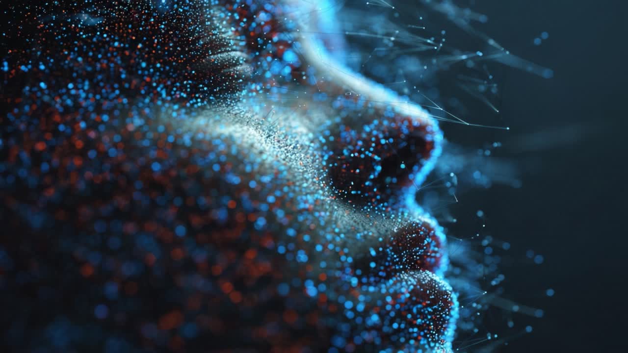 Volto umano astratto fatto di particelle luminose che si dissolvono in un cloud di rete, che mostra un concetto futuristico di intelligenza artificiale, identità digitale, big data e tecnologia di realtà virtuale