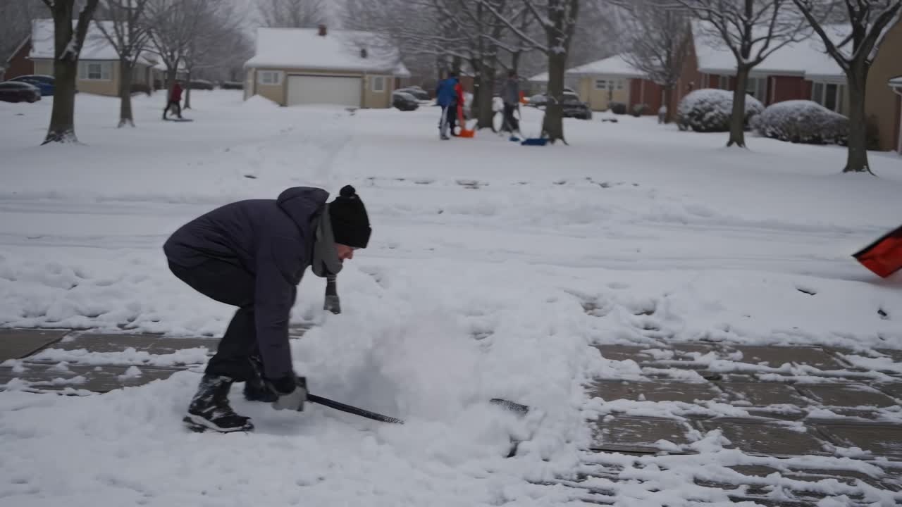 A man shovels snow on a suburban street, captured from a side angle