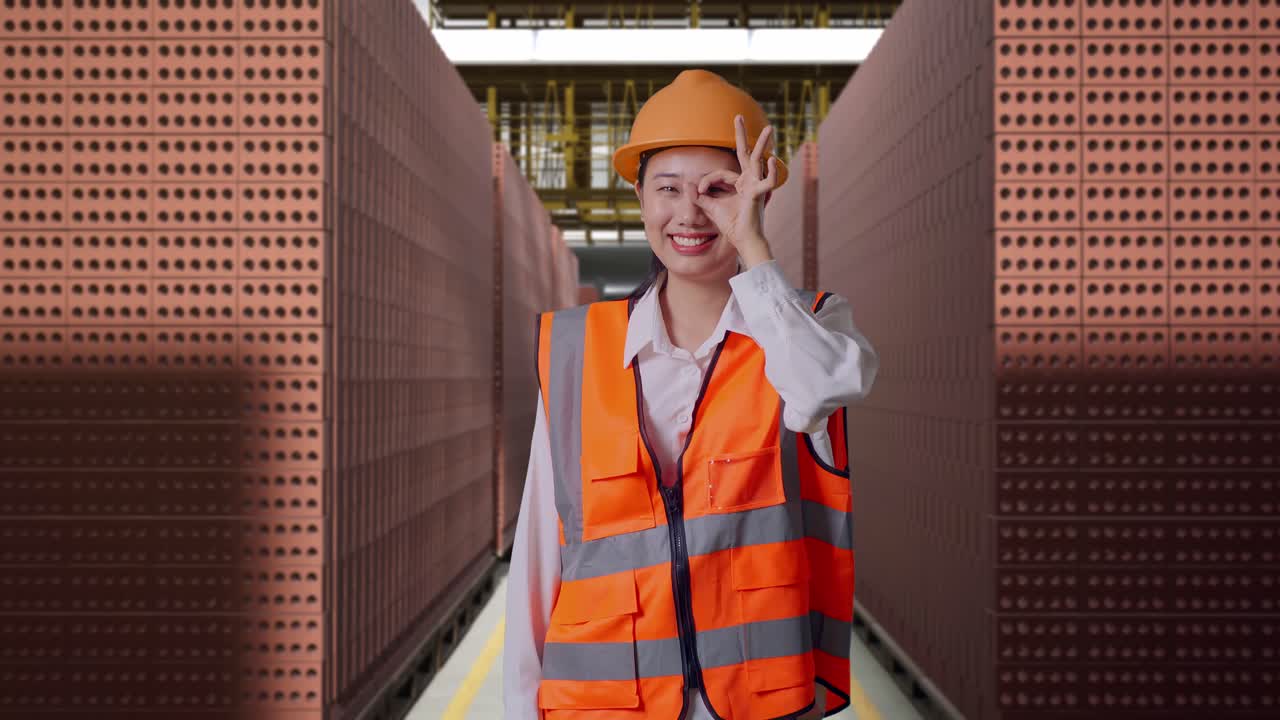 Asian Female Engineer With Safety Helmet Showing Ok Hand Sign Over Eye And Smiling To Camera While Standing With Red Brick Packed in Stacks Are Stored