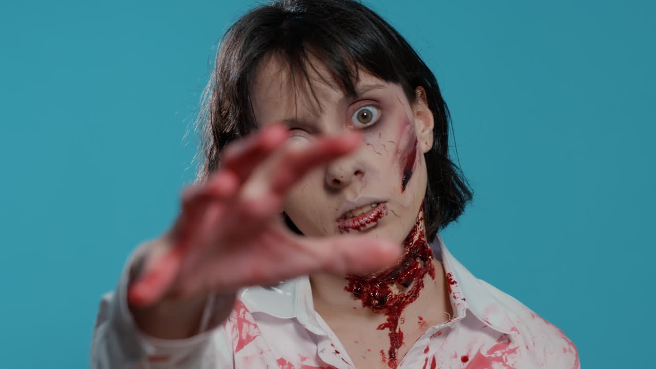 Undead zombie woman with bloody and deep wounds on neck prowling at camera