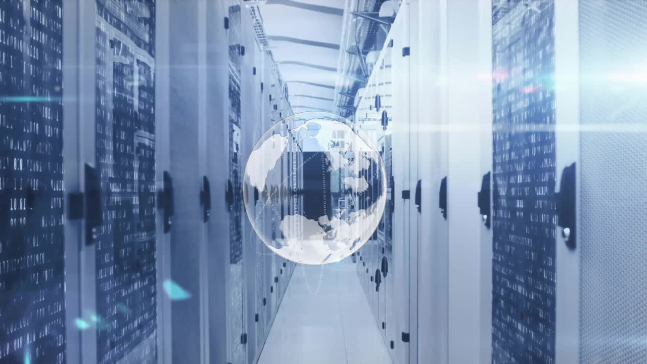 Animation of globe and data processing over computer servers