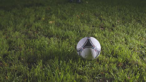 soccer player kicking a ball on a grassy field at night