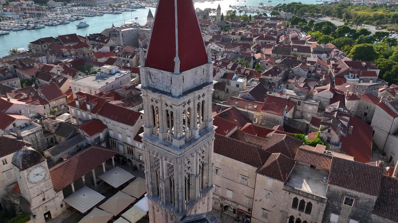 Aerial view of cathedral tower and old seaside town of Trogir, Croatia