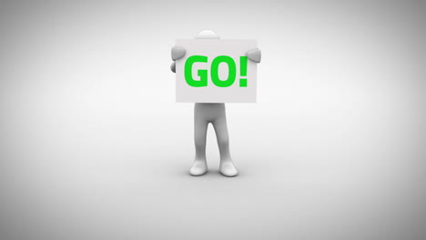 white character holding sign saying go