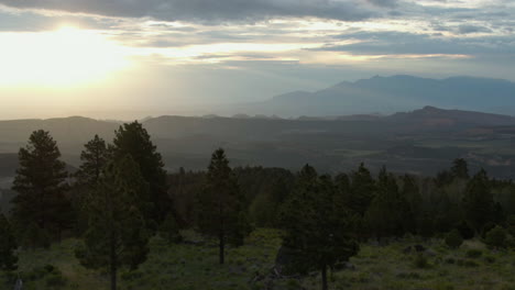 aerial view backwards low over highland forest, cloudy sunset in utah, usa