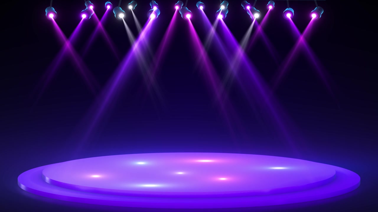 Latar belakang sorotan panggung ungu, berkas cahaya dari atas, platform bundar, ruang teater gelap, pencahayaan konser