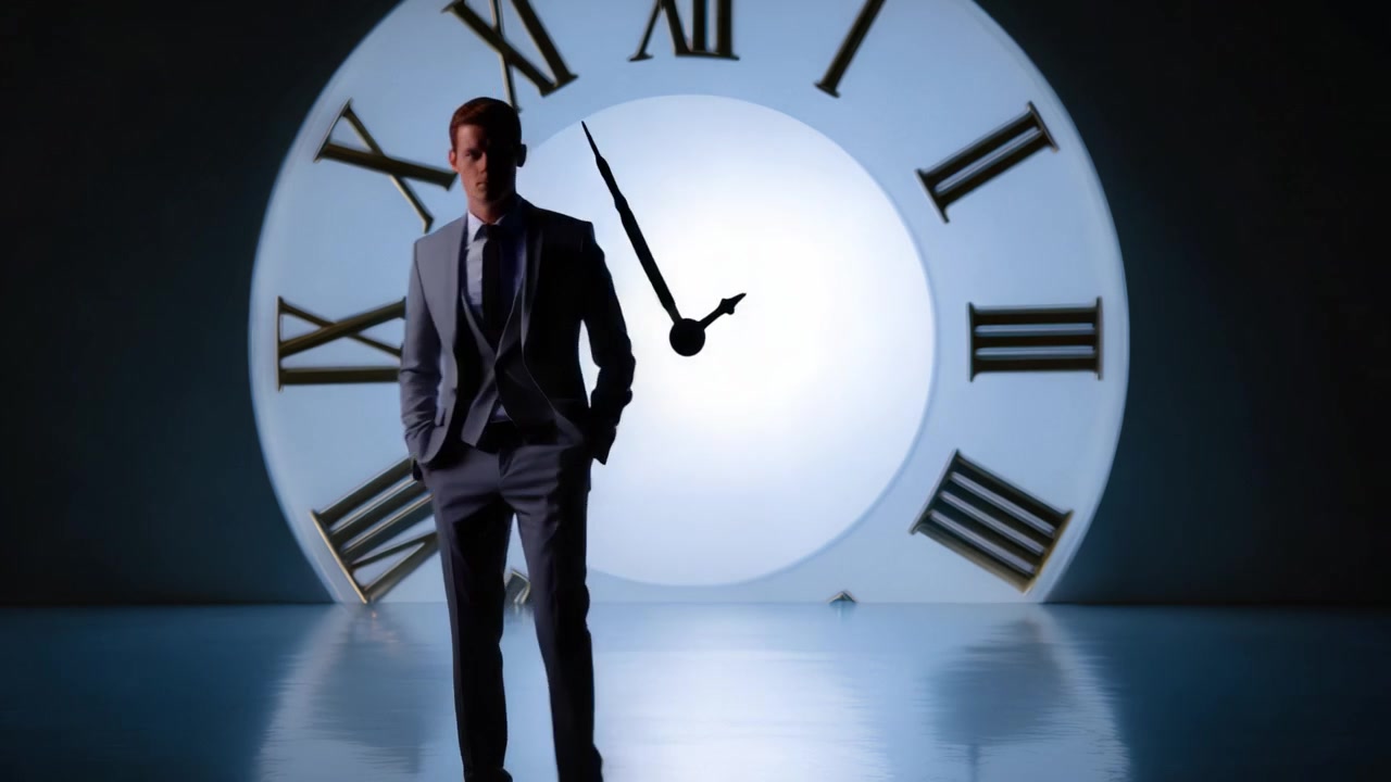 Un Momento Reflexivo: Una Persona se Para Confiadamente Frente a un Gran Reloj, Simbolizando el Tiempo y el Progreso en un Entorno Elegante y Moderno