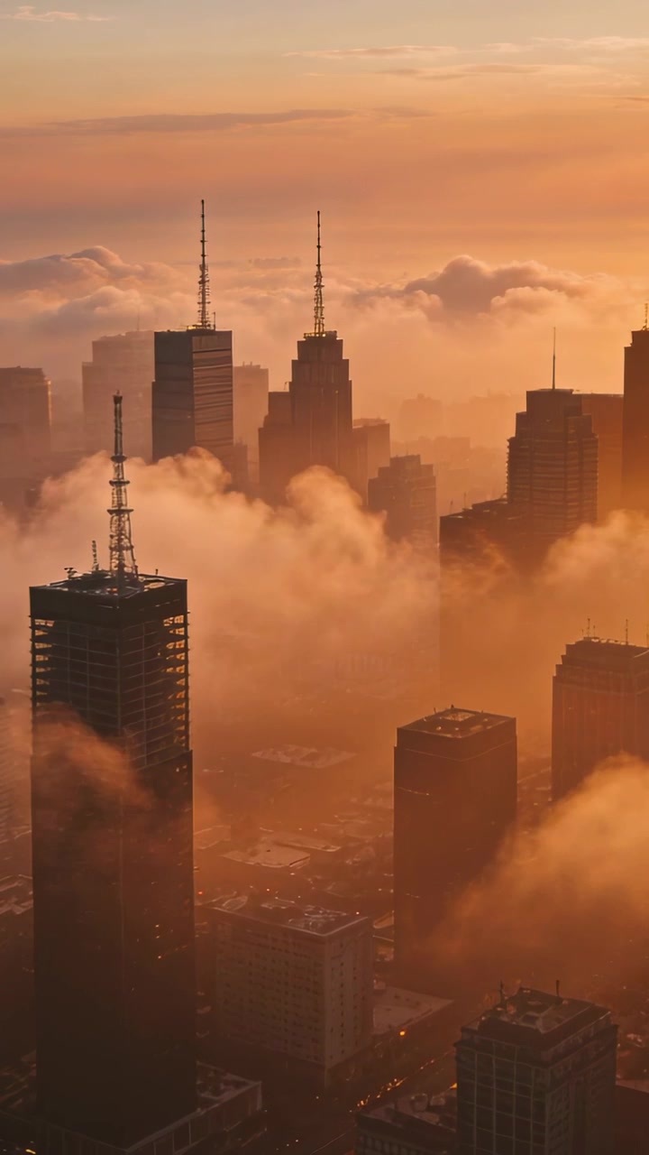 Video vertical: Niebla baja flotando que envuelve las agujas de las torres del centro al amanecer, formando capas doradas