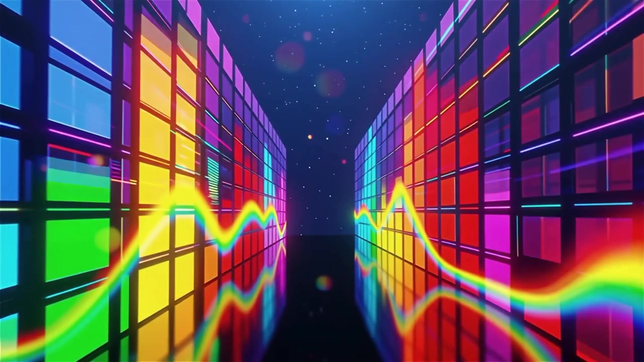 Fundo Futurista com Visualizador de Equalizador de Música Neon Arco-Íris.
