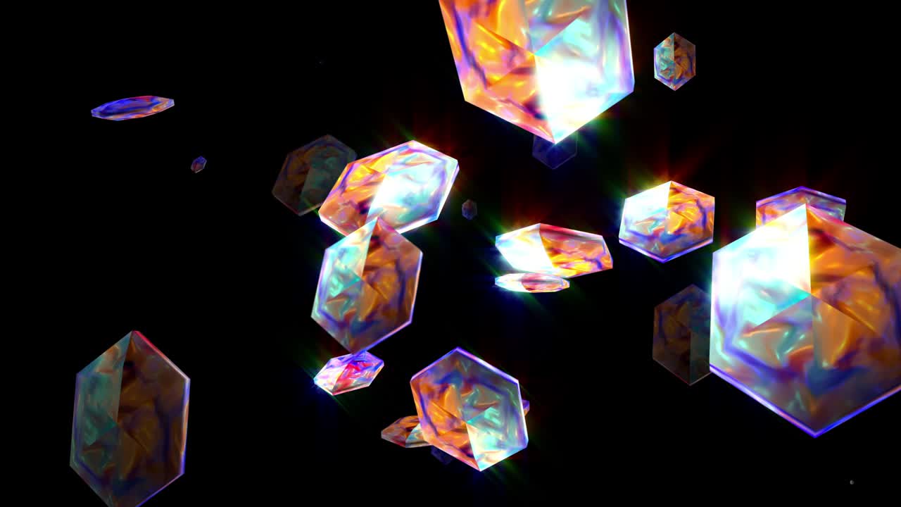 다채로운 다채로운 장식 3d 육각형 프리스마 입자가 무작위로 떠다니며 검은색 배경에 공중에 반이는 애니메이션 추상 현대 기술 배경.