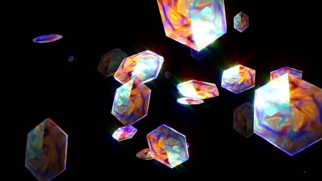 fondo de tecnología moderna abstracta animada con coloridos prismas hexagonales decorativos 3d multicolores partículas flotando al azar y brillan en el aire sobre fondo negro. 4k 3d render bucle sin costuras.