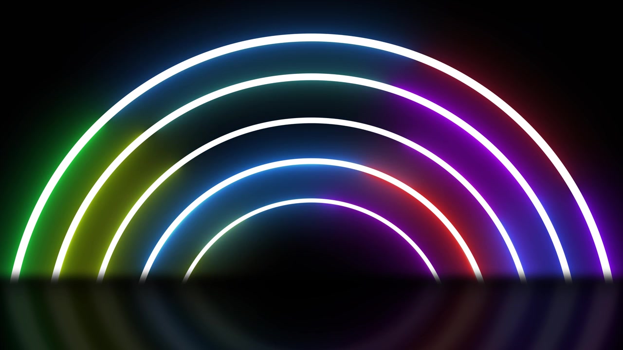 Immagine visiva di banda curva al neon colorata con archi arcobaleno luminosi, bagliore morbido e profondità di scena riflettente nera.