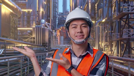 close up of asian male engineer with safety helmet smiling and pointing to side while standing at a vast oil refinery