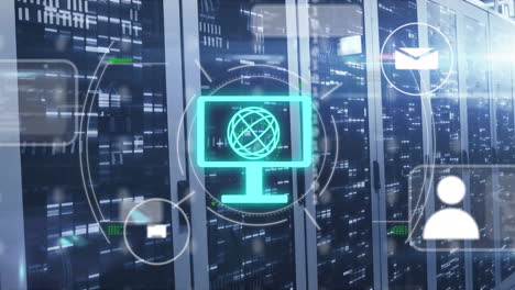 Animation of globe with icons and data processing over computer servers