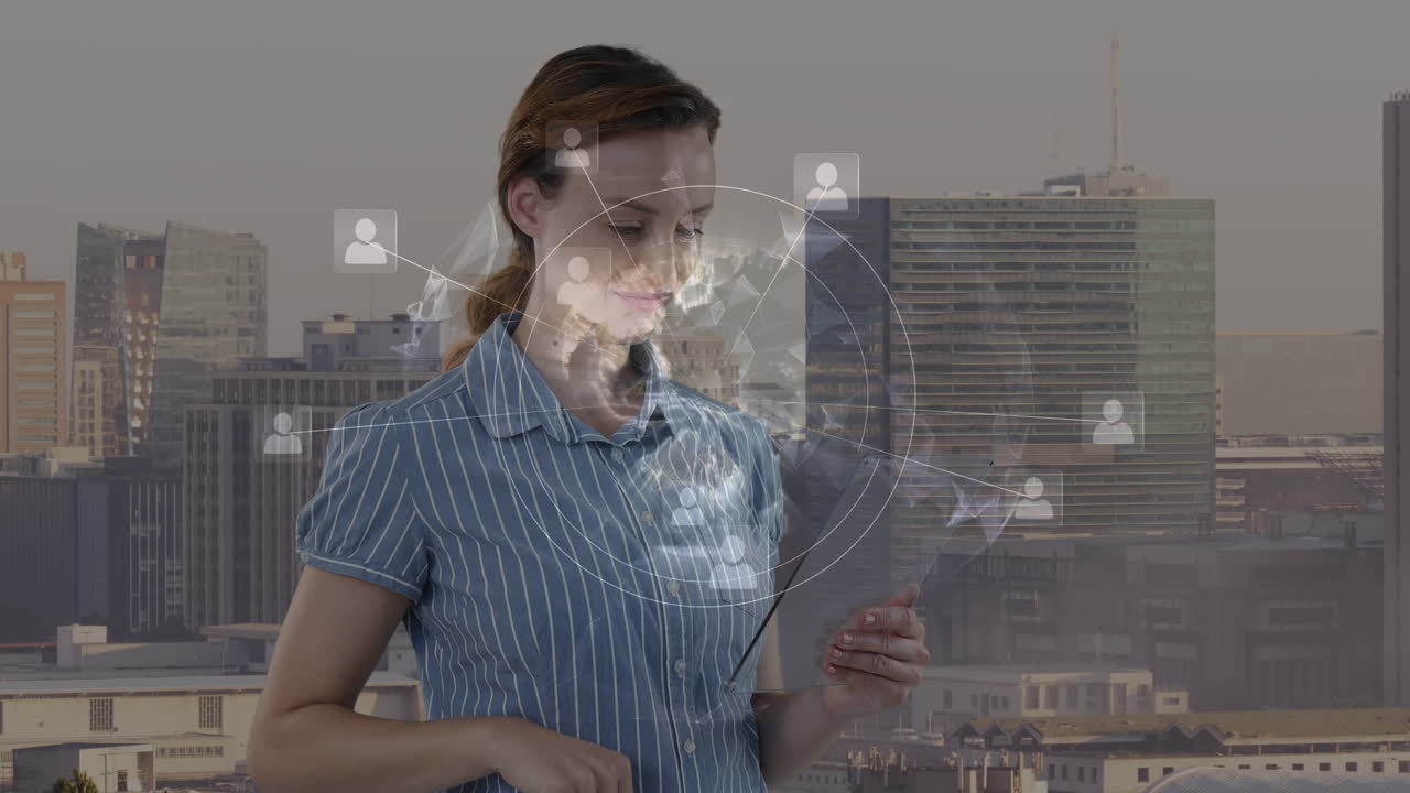 animación de una mujer de negocios caucásica usando tableta y red de conexiones sobre el paisaje urbano