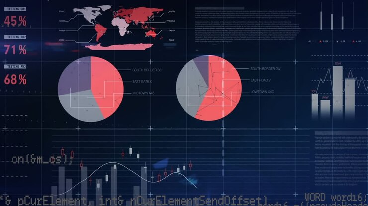 Animation of network of connections over statistical data processing against blue background