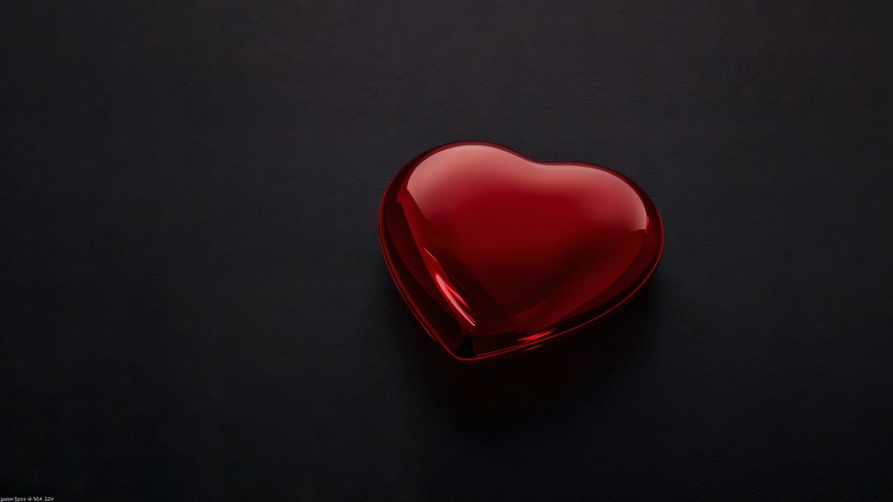 Inquadratura che sposta la camera rivelando un cuore rosso lucido su un tavolo da studio, con riflessi che cambiano enfatizzando la lucentezza