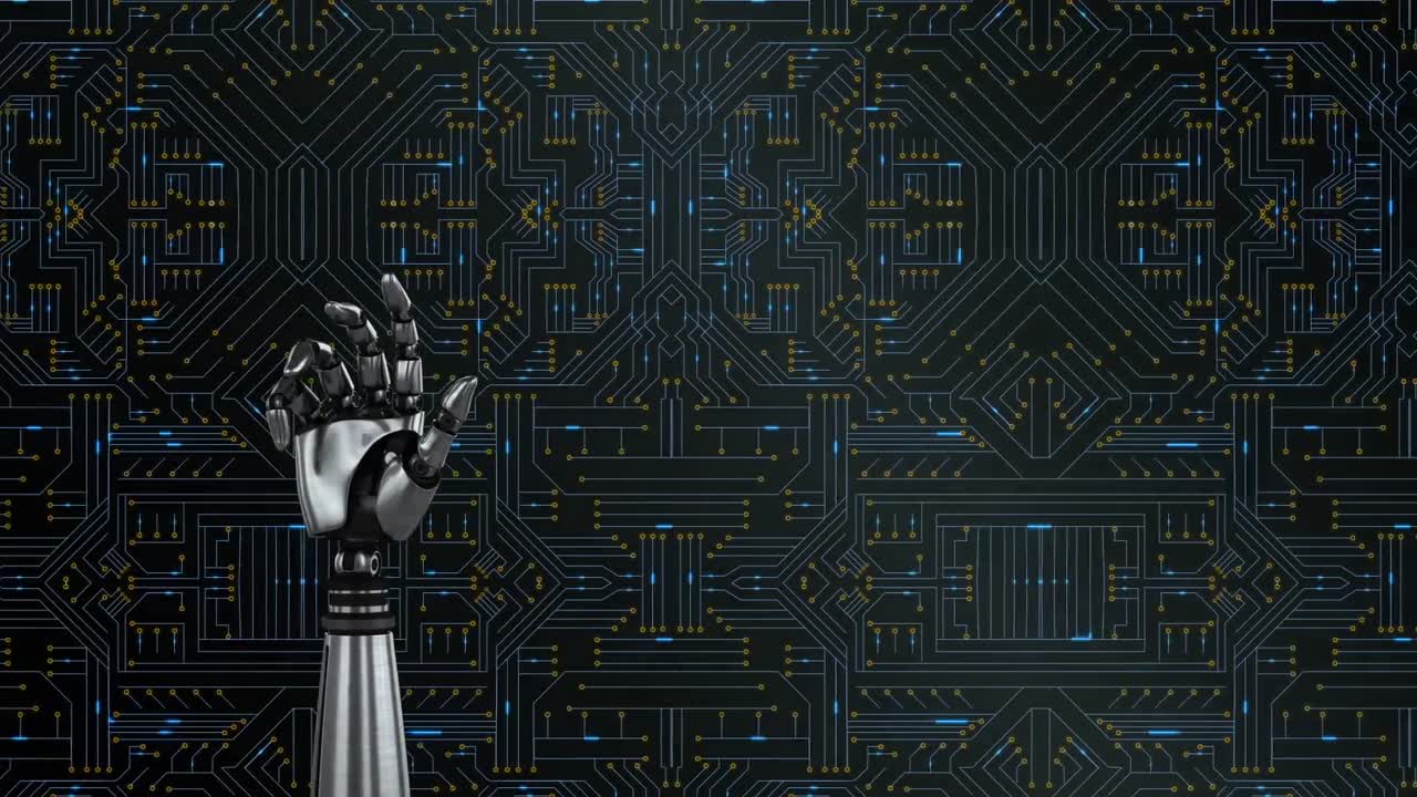 mano de robot y placa de circuito brillante