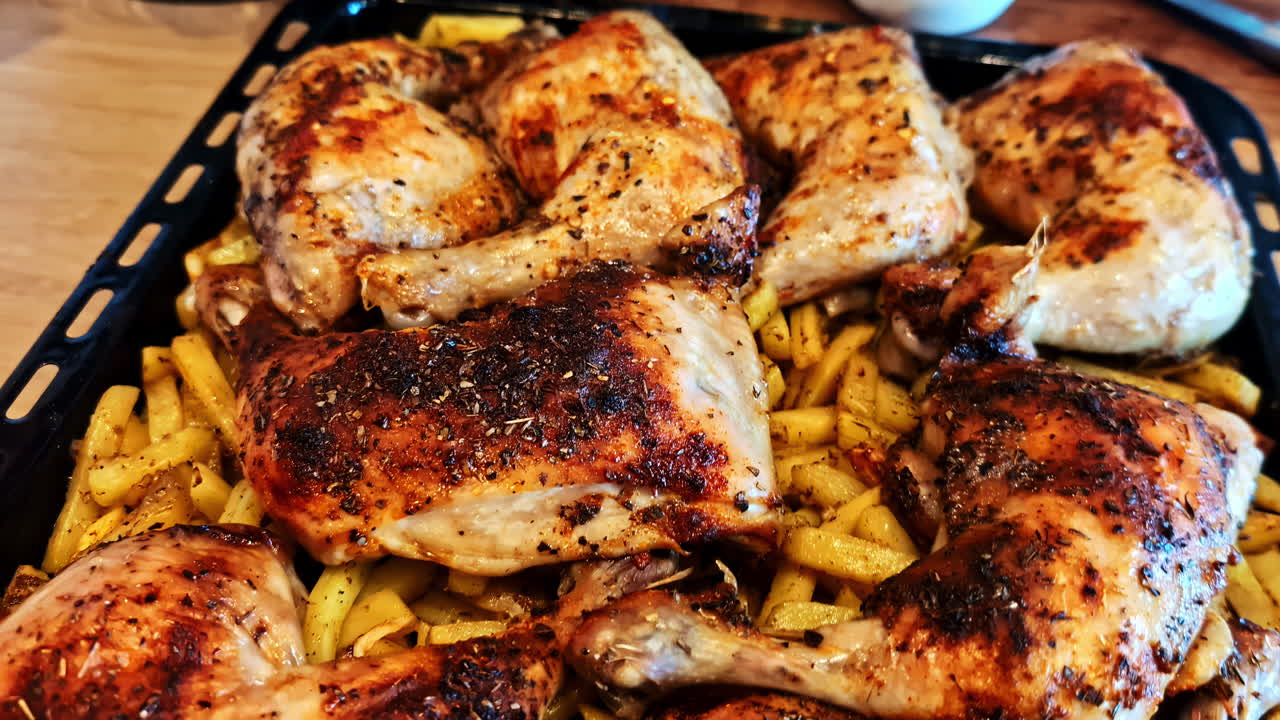Roasted Chicken Over French Fries. - closeup shot