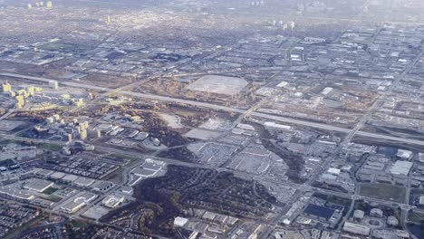 aerial view of toronto suburbs as seen from airplane approaching airport, ontario in canada