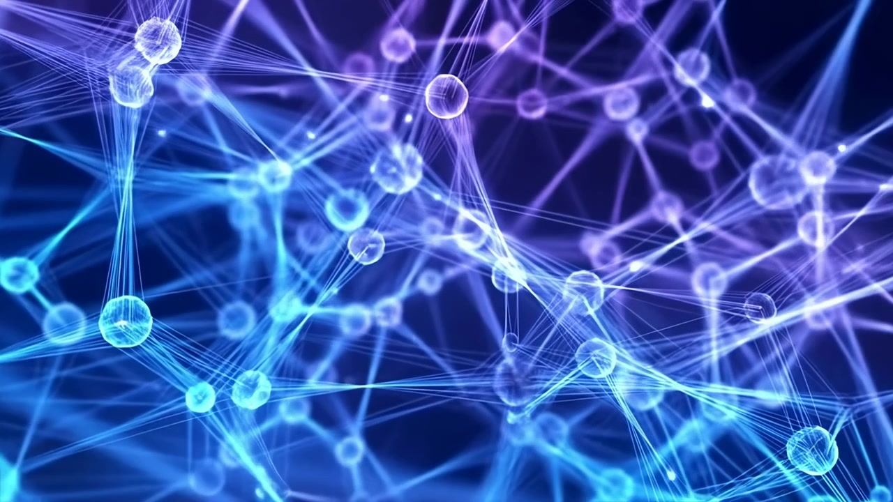 Glowing blue and violet nodes connect through fine light filaments across deep blue space, forming layered network patterns with soft depth, luminous highlights, translucent texture, and high tech