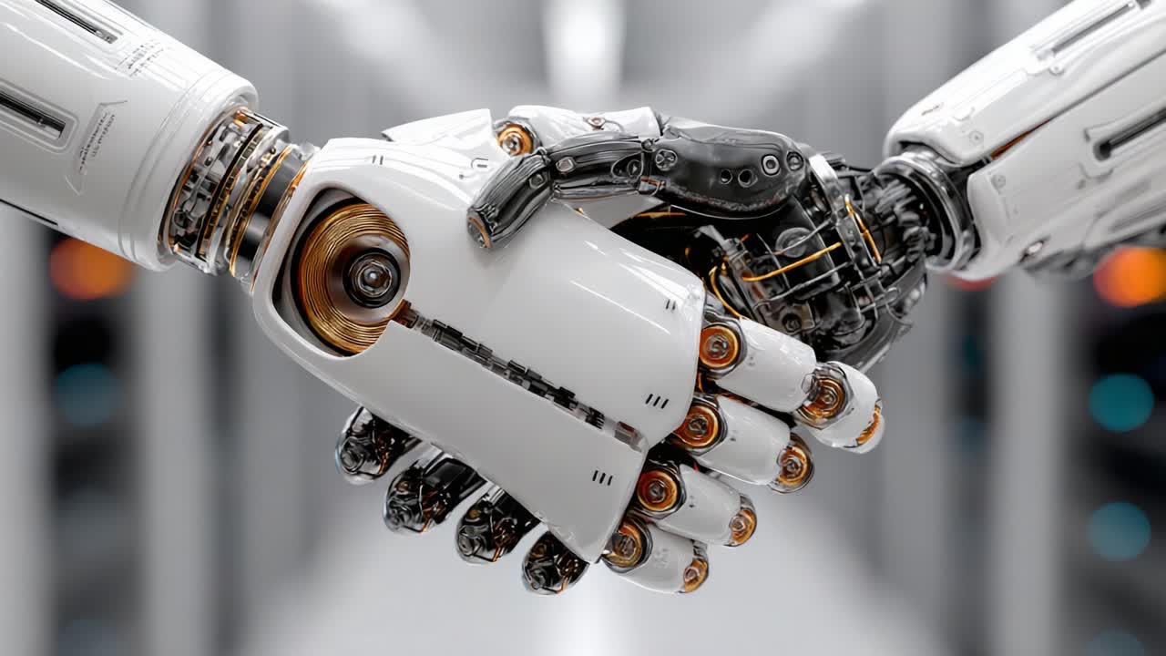 A Close-Up of Two Advanced Robots Engaging in a Symbolic Handshake, Signifying the Progress of Artificial Intelligence and Human-Robot Collaboration in Technology