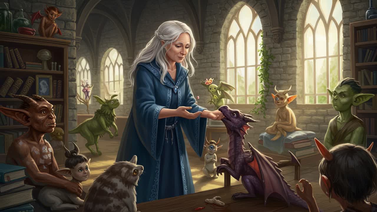 A Sorceress Engaged in Enchanting Lessons: A Magical Interaction between Creatures and Their Respected Mentor in an Ancient Library Setting
