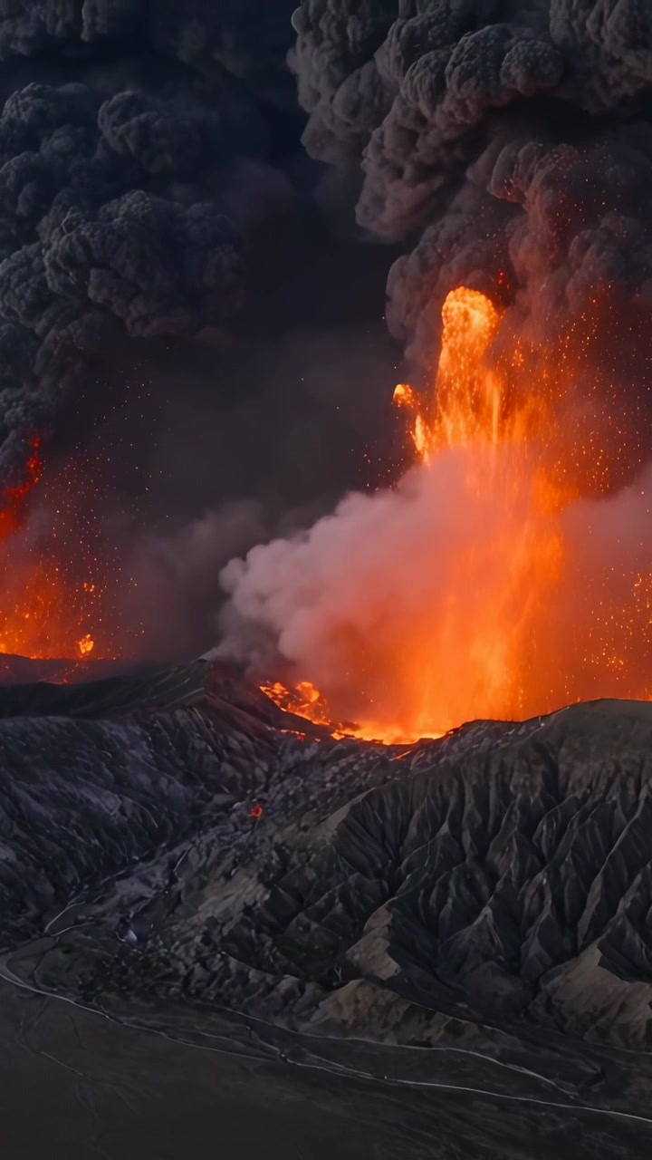 Video verticale: Eruzione da un'ondata di magma, con la bocca centrale che lancia un getto di lava e una colonna di cenere nel cratere.