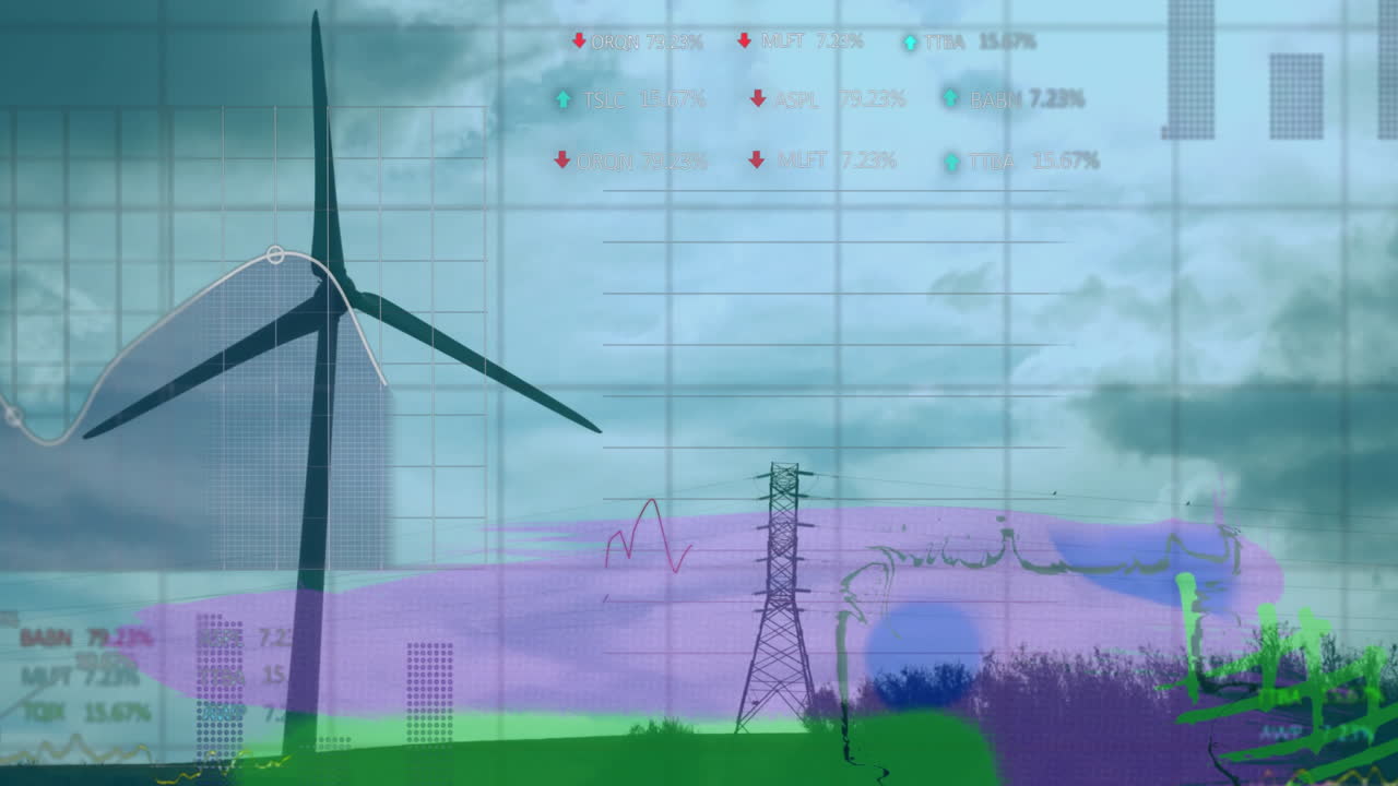 Wind turbine and power lines with data processing animation over landscape