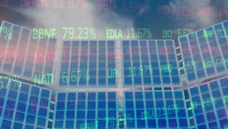 Animation-of-stock-market-financial-data-processing-over-solar-panels-and-blue-sky