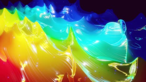 abstract 3d surface with beautiful waves, luminous sparkles and bright color gradient, colors of rainbow. waves run on very shiny, glossy surface with glow glitter. 4k looped animation