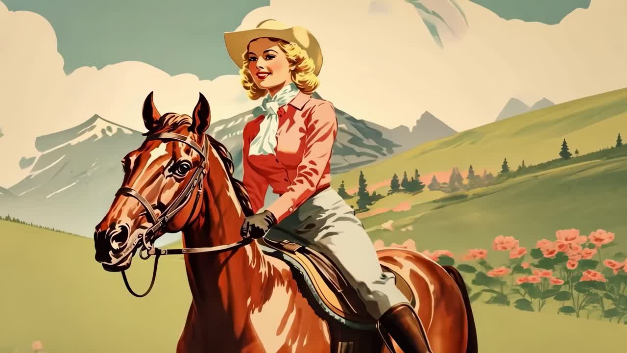 Vintage-style video still of a smiling woman in a cowboy hat riding a horse in a scenic landscape