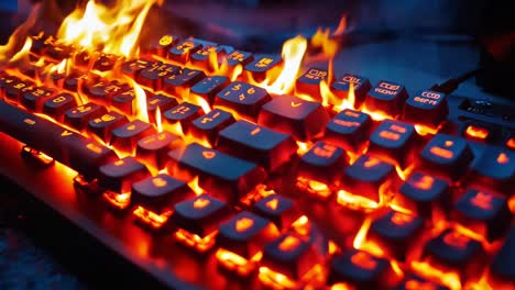 a close up of a keyboard with flames coming out of it