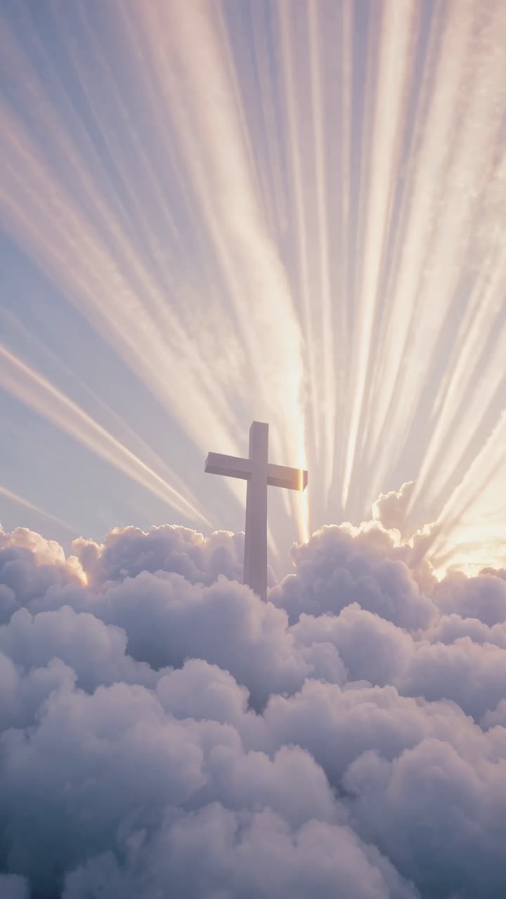 A cross emerges from fluffy clouds with radiant sunbeams, captured from a low angle
