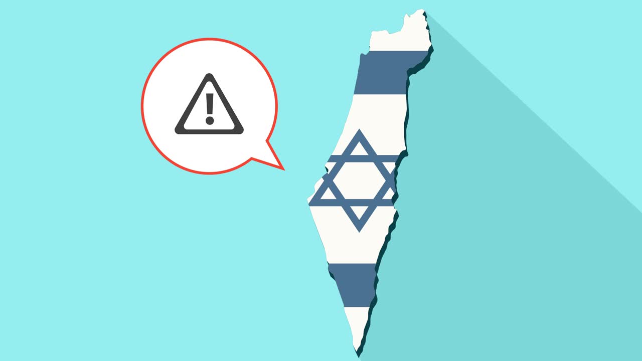 animación de una larga sombra mapa de israel con su bandera y un globo cómico con un signo de advertencia