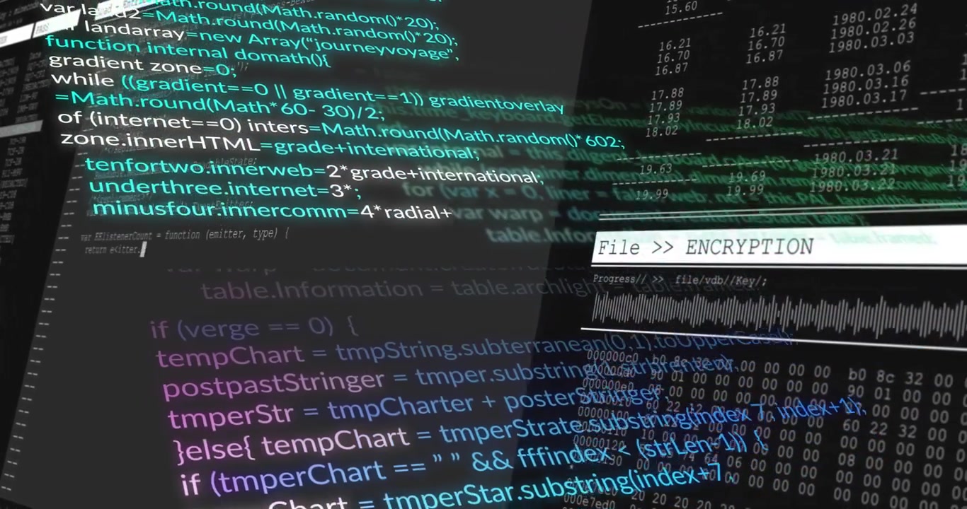 JavaScript code scrolling across dark screen while encryption panel processing key waveform