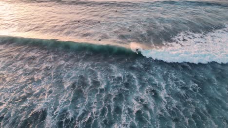 aerial view of a surfer catching a wave at sunset