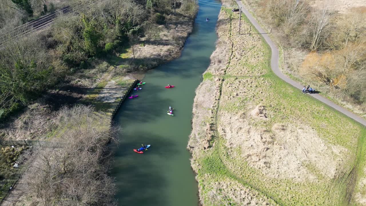 Drone Flying Towards Canoeists on the River Stour, Tilting Down Over Canterbury’s Scenic Waterway