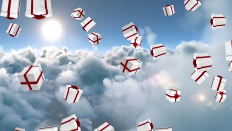 animation of falling gifts over cloudy sky