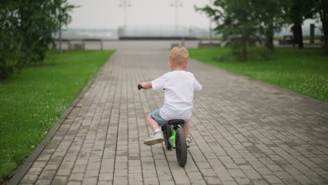 a young child is seen from the back, riding a small bicycle on a paved walkway, surrounded by lush greenery, the child, wearing a white shirt and shorts, pedals confidently into the distance