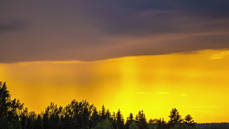 Timelapse-De-Una-Puesta-De-Sol-Naranja-Sobre-Una-Silueta-De-Nube-En-Movimiento-En-Bosques-Suburbanos