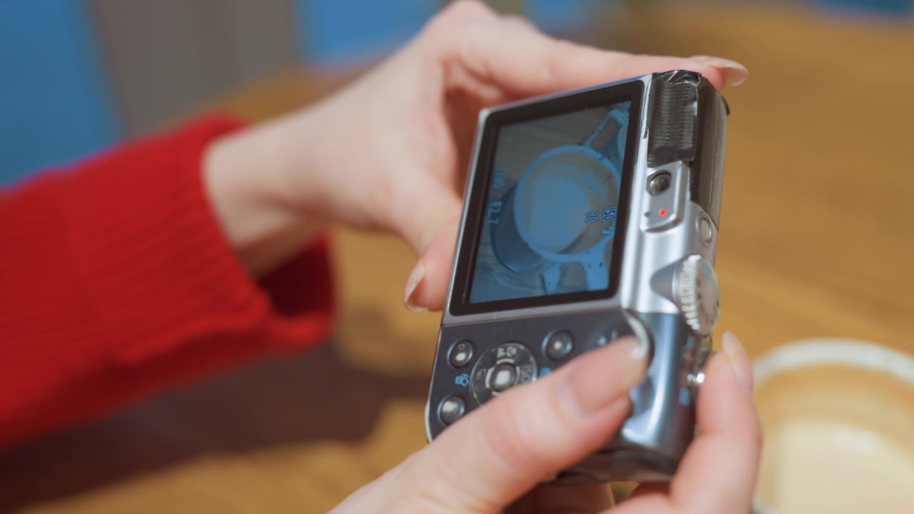Mani di donna che scattano e rivedono foto con una fotocamera digitale