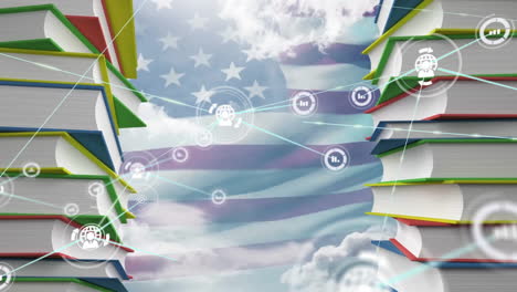 animation of network of communication and data icons over stacks of books, flag of america and sky